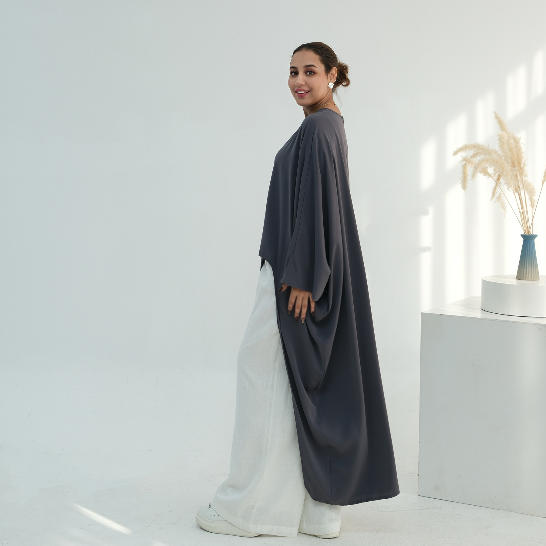 Voya Women's Oversized Modest Robe - Loose Fit Asymmetric Top With Crew Neck, Solid Color Longline Cardigan, Casual Loungewear, Elegant Daily Wear,_ecoleips.com