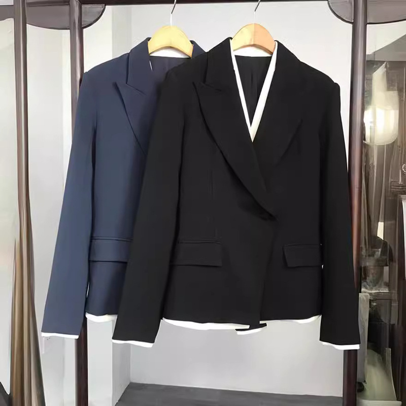 Th latest poster triacetic acid vertical cutting waist line double fake two-piece contrast color slim Theory suit jacket for women