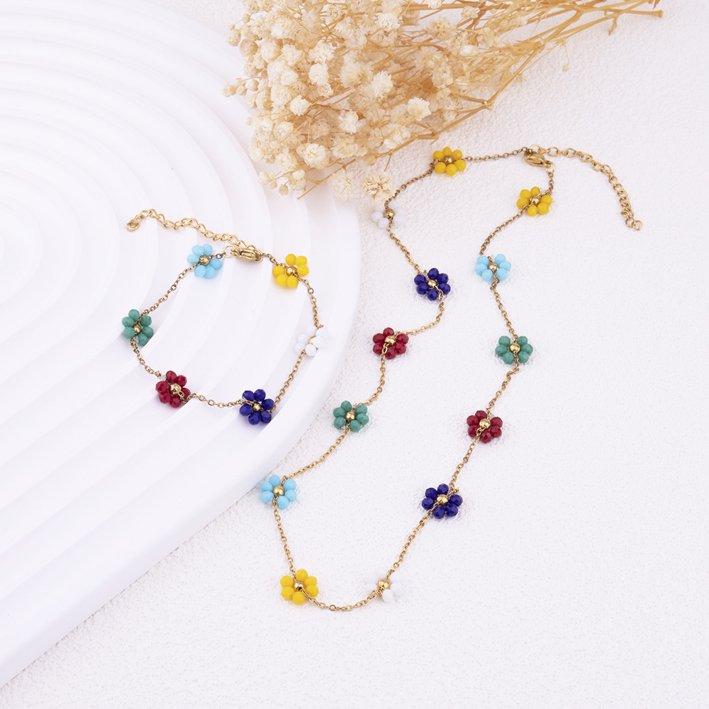 Neuer frischer, süßer handgefertigter DIY-Schmuck aus Edelstahl, Armband-Halskette mit Kristallblume, vielseitig und modisch_voghion.com