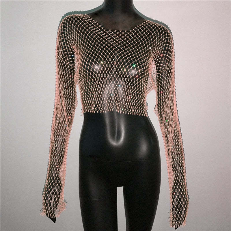 De Europa y América transfronteriza de las mujeres calientes de malla de diamantes de imitación red de pesca de manga larga Sexy Slim rhinestone Top party chica caliente de manga larga