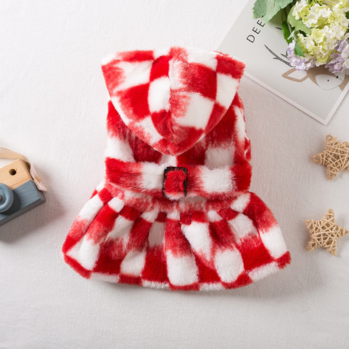 Pet Dog and Cat Autumn/Winter New Year Christmas Dog Dress Checkered Black and Red Plaid Skirt Teddy and Bichon Clothes
