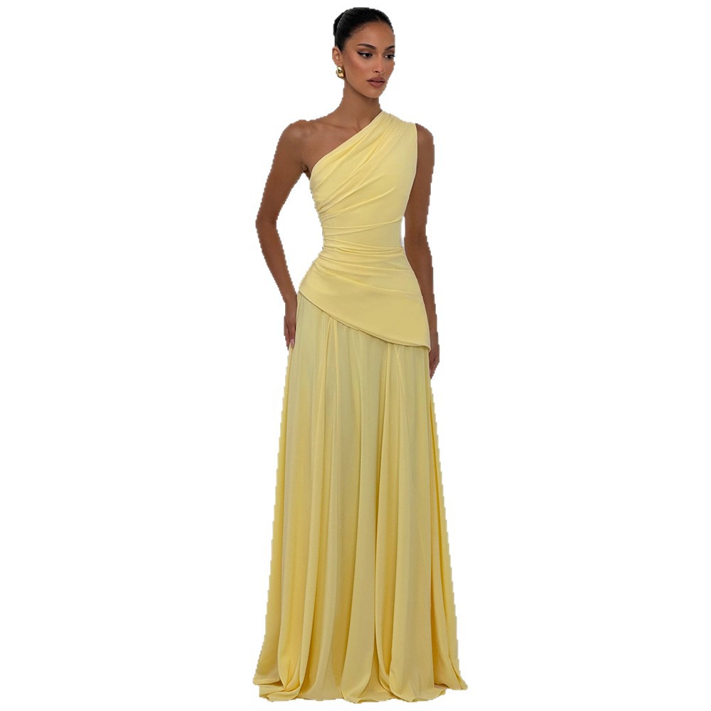 Transfronterizo Amazon 2026 verano nuevo temperamento cuello inclinado hombro único plegado chiffon cintura abierta vestido grande image 5