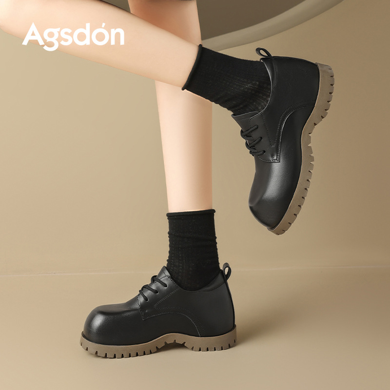 Augu Shi Deng zapatos de cuero negro para mujeres 2025 nuevo otoño británico lazos Lefour zapatos de sola gruesa zapatos de viaje único