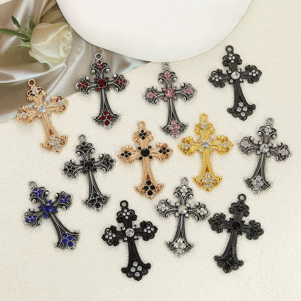 个性复古时尚闪钻合金玫瑰十字架饰品配件欧美流行项链吊坠批发
