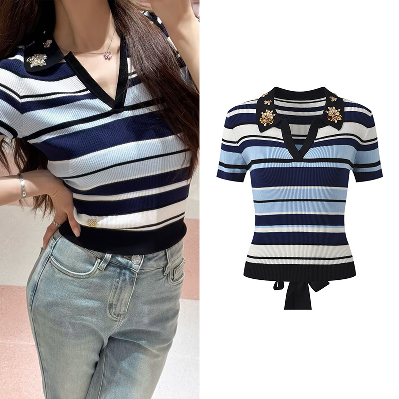 2026 New Summer Style Romantic Holiday Style Sequined Floral Color-Blocking Tie-Up Slim-Fit Knit Top 2026 New Summer Style Romantic Holiday Style Sequined Floral Color-Blocking Tie-Up Slim-Fit Knit Top