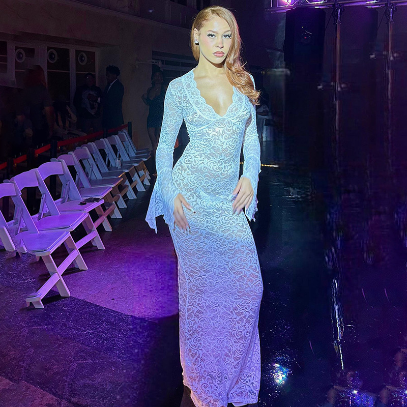 Durchsichtiges Patchwork-Kleid, sexy, tiefer V-Ausschnitt, ausgestellte Ärmel, langer Rock_voghion.com