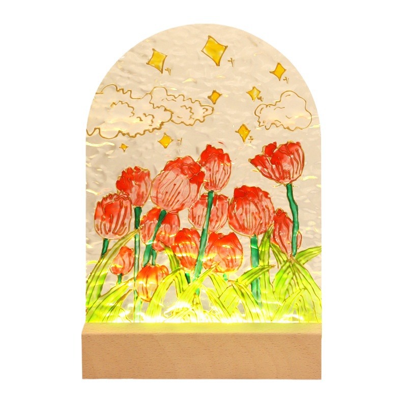 郁金香手绘玻璃画板手工diy自制小夜灯水波纹亚克力板绘画填色画