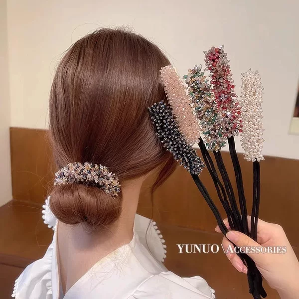 Crystal Hair Styling Tool Pearl Hair Ring for Women Crystal Fluffy Hair Accessory Bun Hairpin Hair Rope