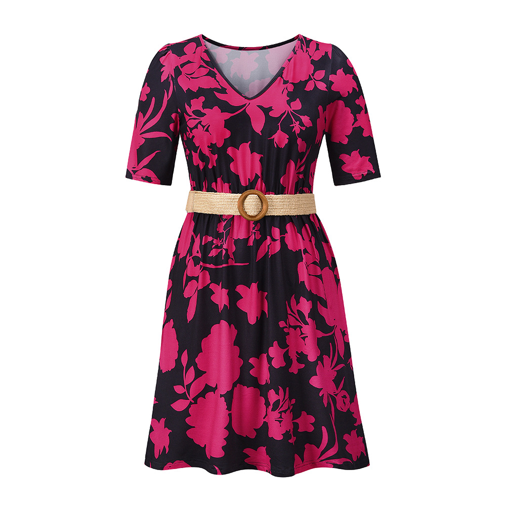 Slim floral printed dress with belt nihaostyles clothing wholesale NSHYG72288