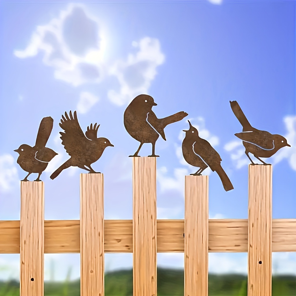 跨境爆款生锈的五只鸟剪影庭院花园螺丝摆件雕塑5PCS Rusty Birds