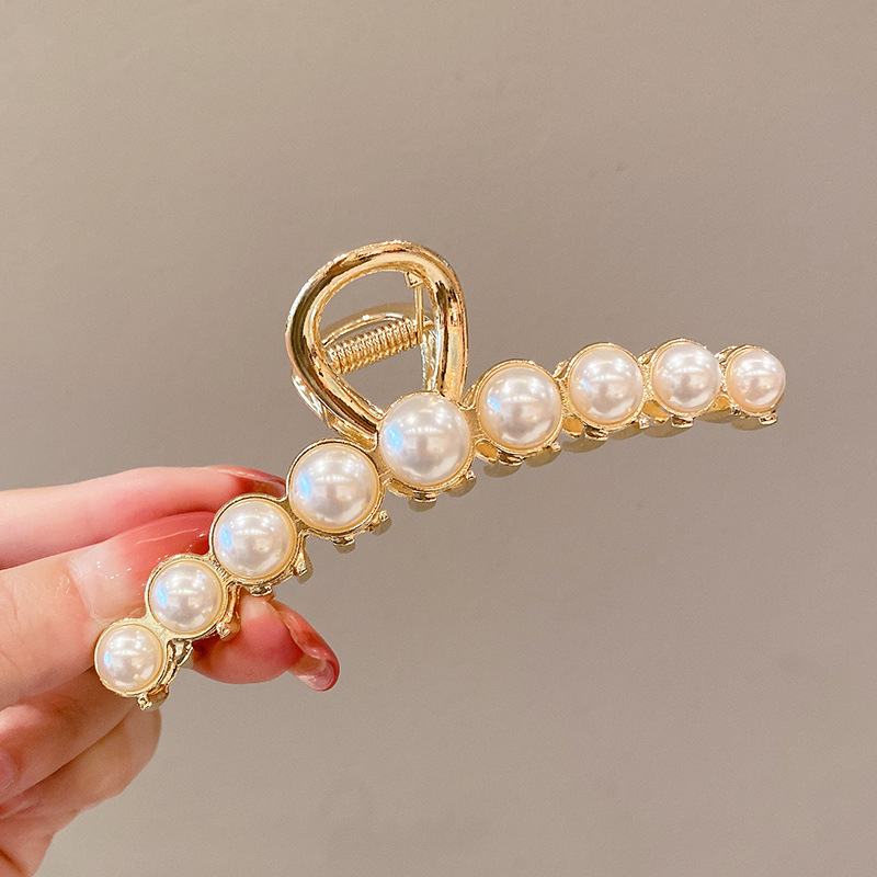 Horquilla con lazo de perlas, clip de tiburón de metal de alta calidad para mujer, horquilla, media lazo en la parte posterior de la cabeza, clip de agarre pequeño, tocado