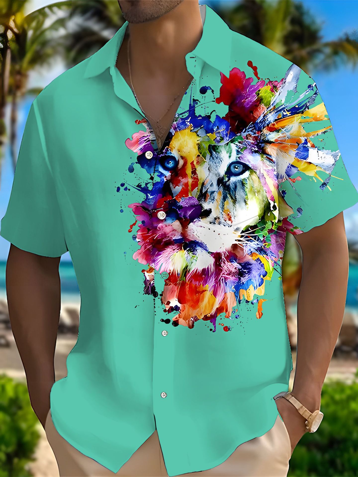 Camisa Camisa transfronteriza Coconut Tree Europa y América 2024 Nuevo estilo Hawaiian explosivo casual 3D manga corta impresión de manga corta