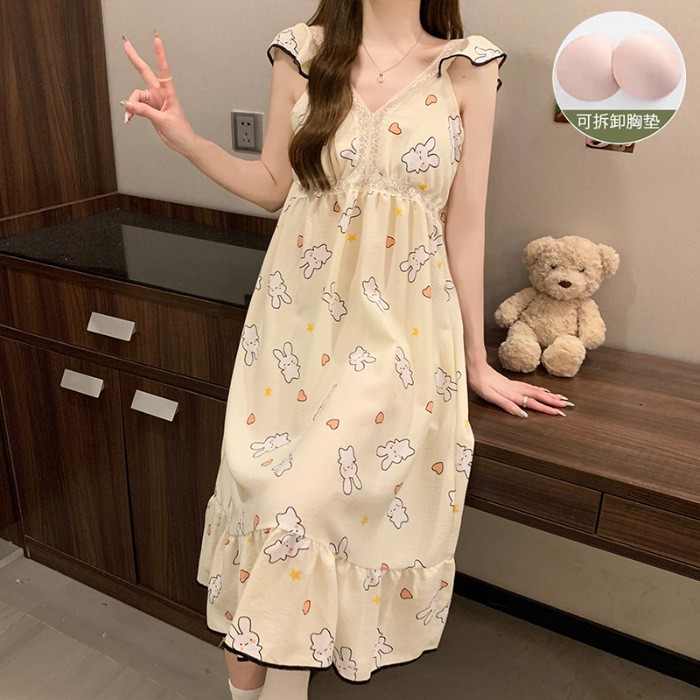 Verano delgado vestido de pijama de mujer cojín de pecho espuma de manga de flores volantes simple punto lindo oso pijama casero