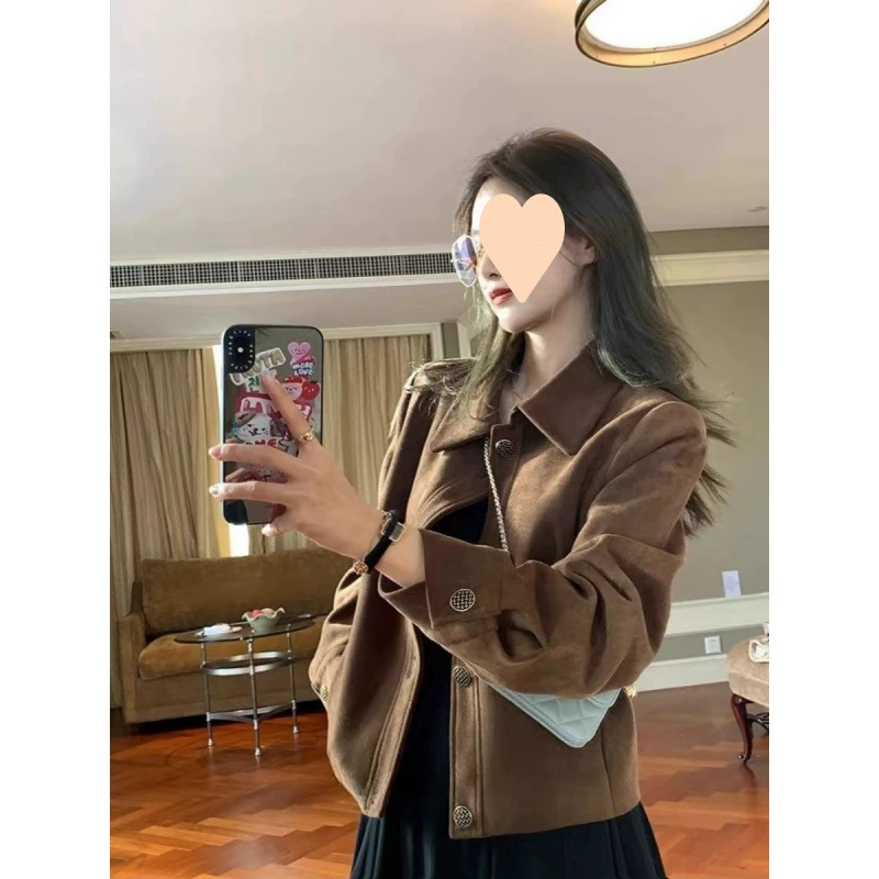 Короткая бархатная куртка, oversize корейский стиль, с подкладкой, для подростков — кофейный