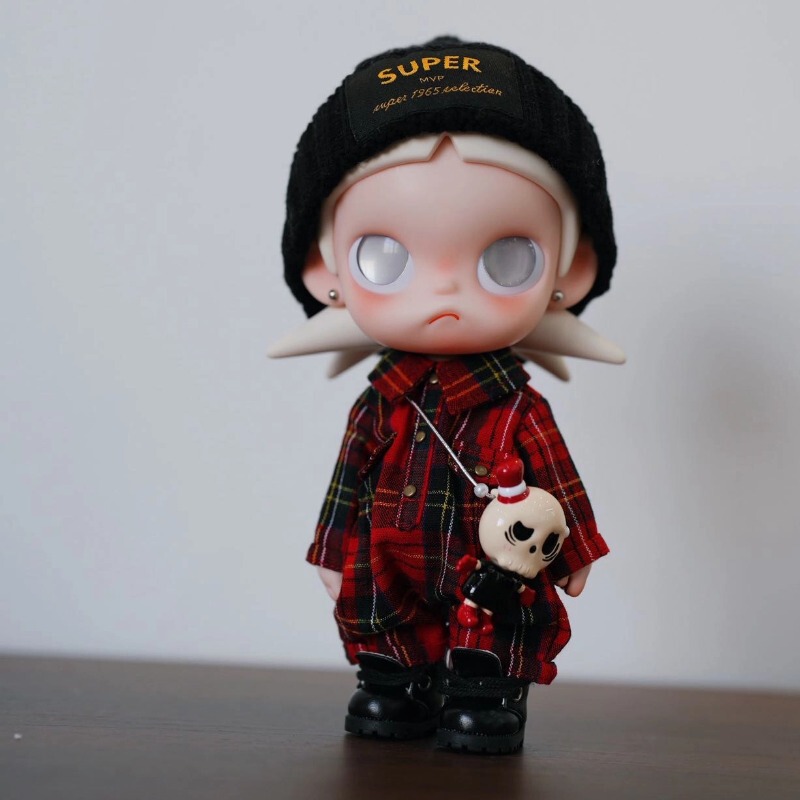 Zsiga Doll Clothes, Hand-Made Plaid Jumpsuit, Red Vinyl Doll Outfit