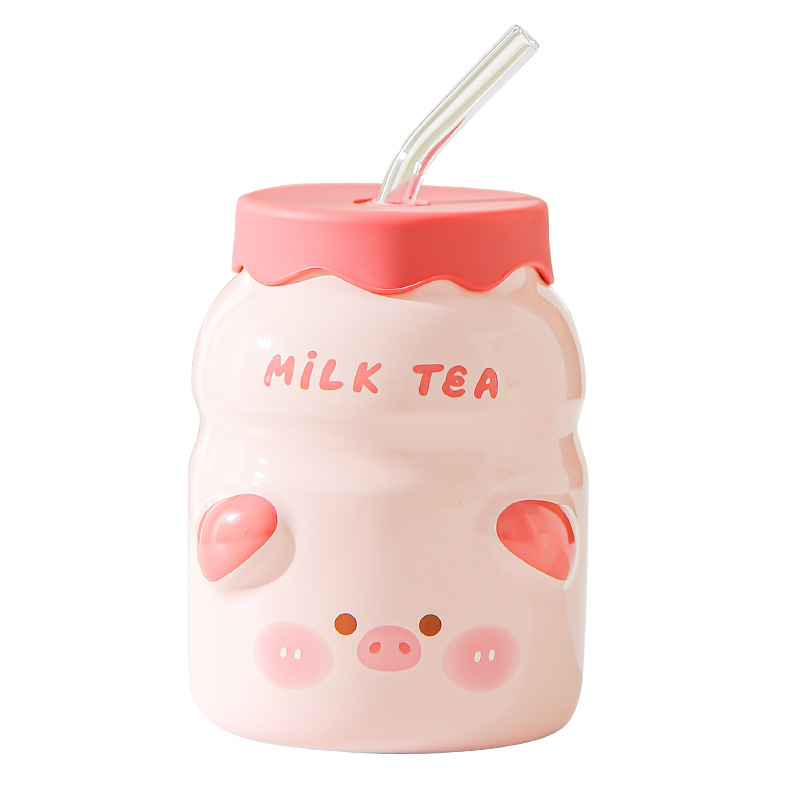 Taza de paja de cerámica creativa con tapa de verano, taza de agua indispensable, taza de jugo doméstica, taza de bebida fría