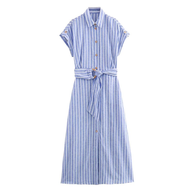 速売通卸売り夏の新型女装縞襟単列ボタン半袖帯迷笛ワンピース|undefined