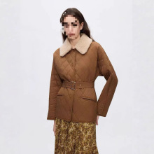 外贸原单秋冬新款 女士朗Z 羔毛领老钱风 腰带菱格棉服 棉衣 外套