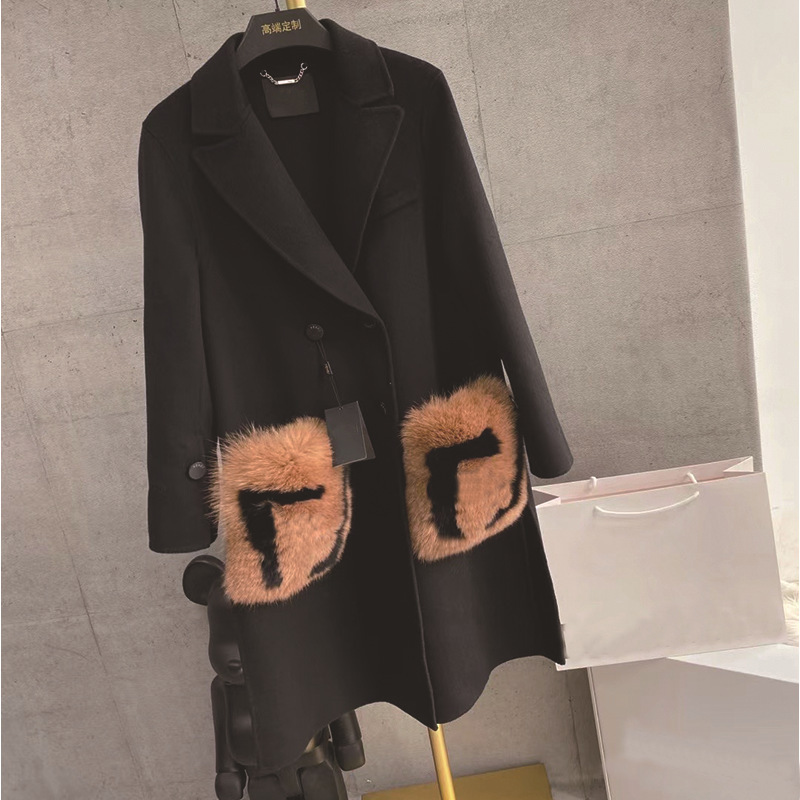 F Brand Cashmere Coat with Oversized Fox Fur Pockets, High-End Cashmere Coat