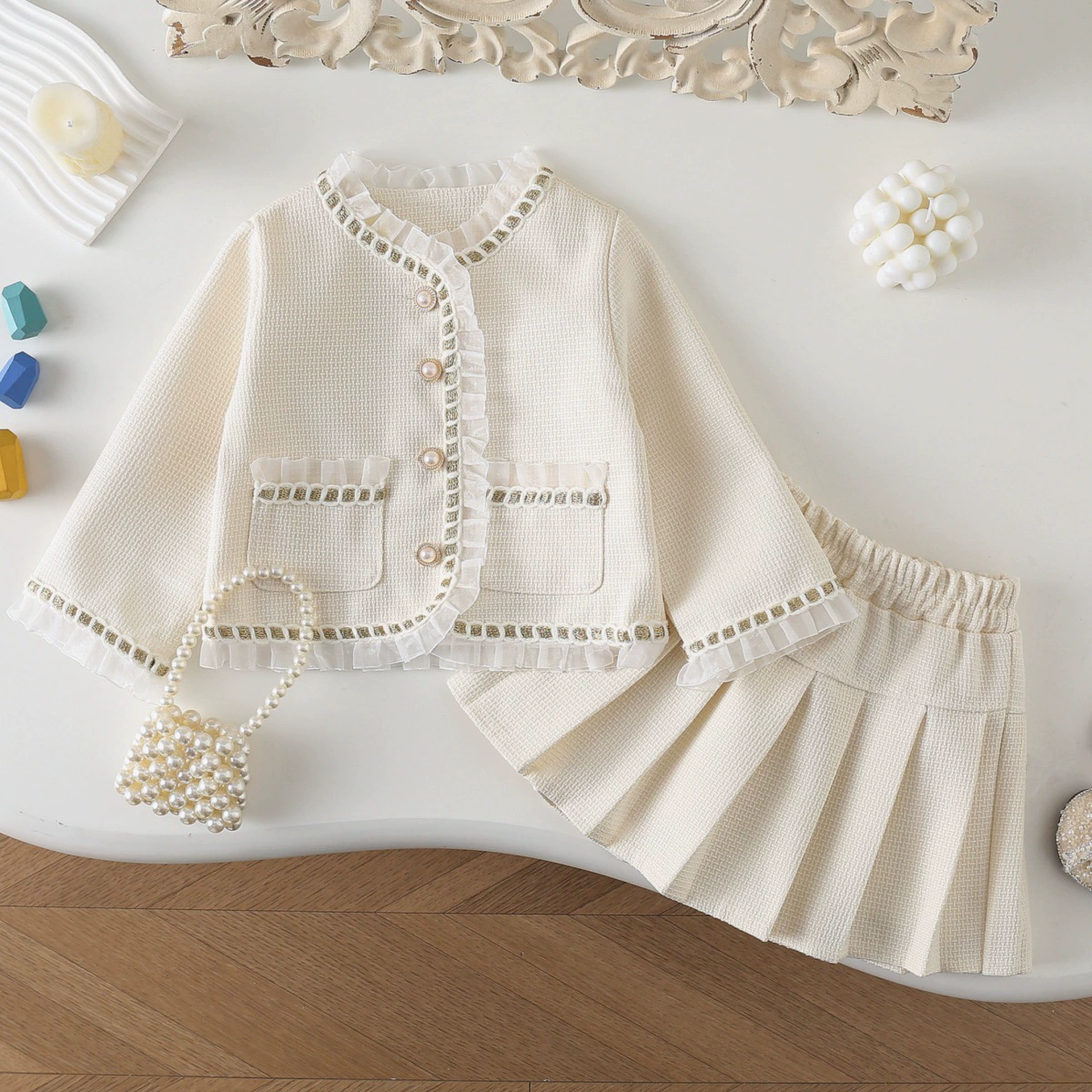 77325 детей среднего возраста 2024 весна и осень новая корейская версия для девочек маленький ароматный набор для малышей модной плиссированной юбки набор