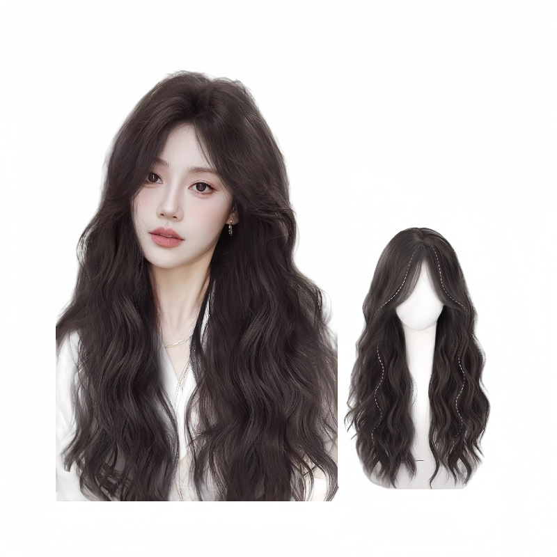 Peluca, cabello largo femenino, cubierta de cabeza completa, cabello humano de simulación, cabello natural, cabello largo y rizado, juego de peluca de punto medio con ondas de agua perezosas