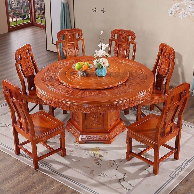 Solid Wood Antique Carved Dining Table Ming and Qing Classical Chinese Style Home Hotel Dining Table and Chair Set Dining Table Large Round Table Universal