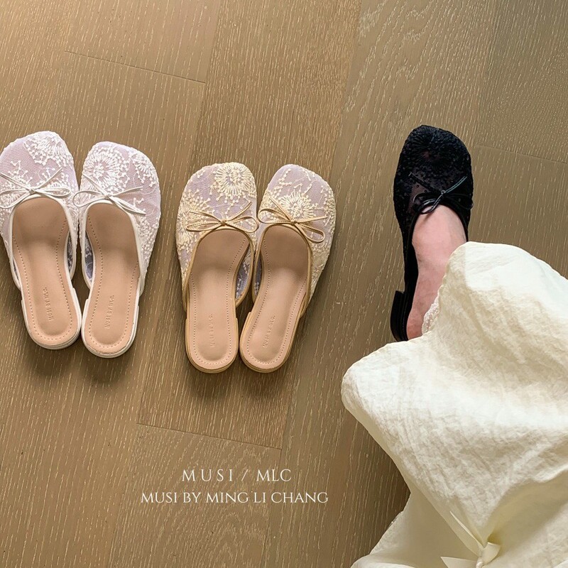 Gentle Evening Breeze Bow Ballet Shoes Women's 2025 New Fairy Hollow Mesh Lace Embroidered Shoes Slippers