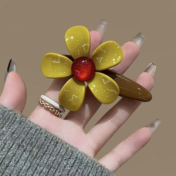 36# gentle brown amber round bead yellow flower hairpin
