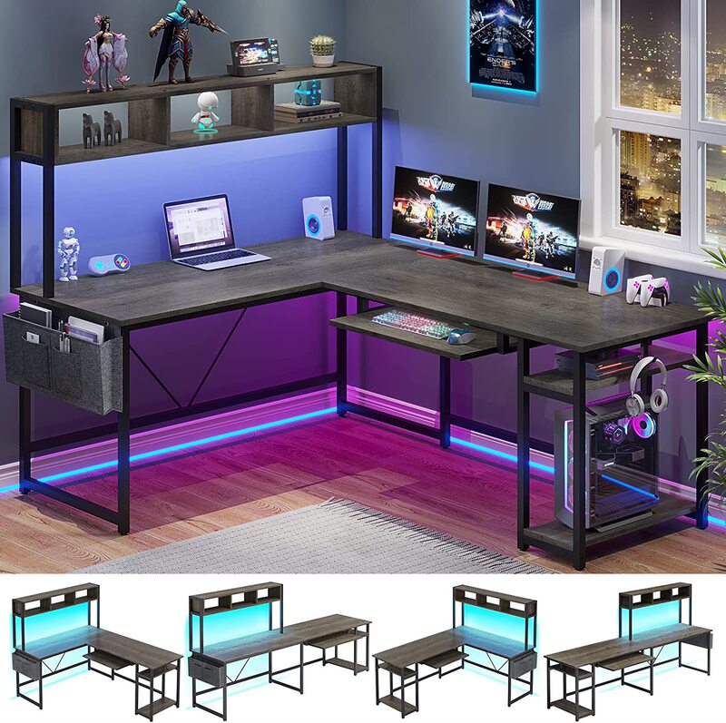 Cross-border Exclusive Corner Computer Desk Open Storage Space Desk Desk with LED Lamp Household Boss Table
