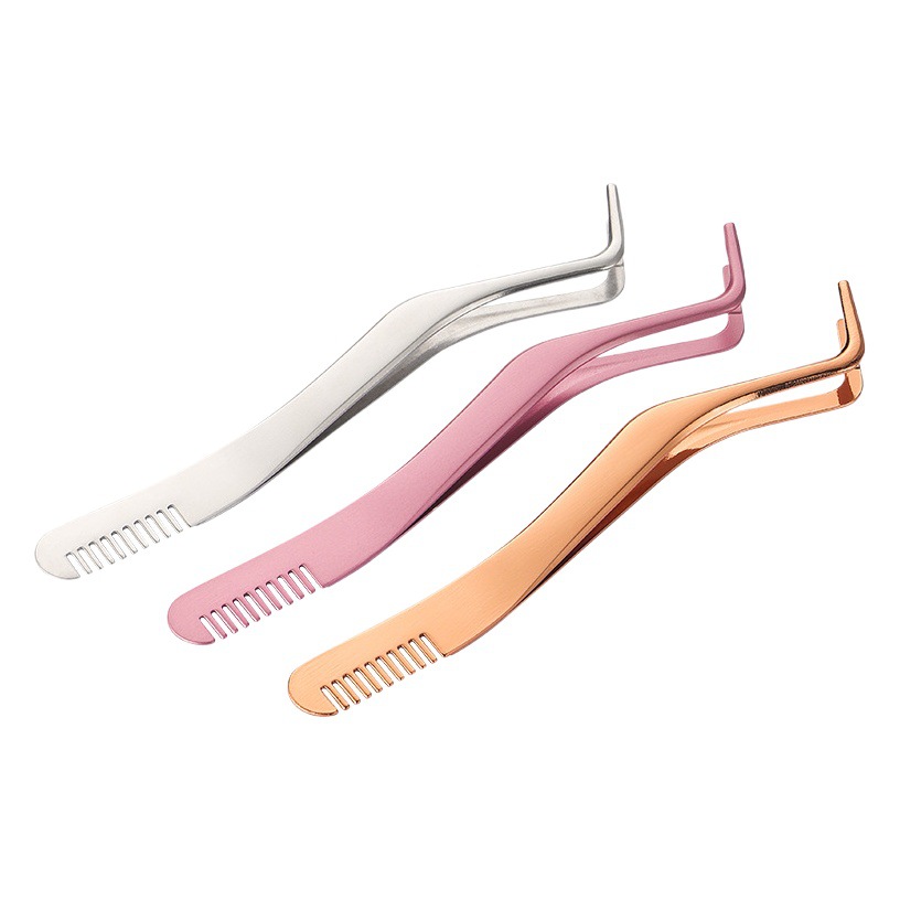 Stainless Steel Eyelash Tweezers with Comb Clip Auxiliary Cosmetic Tools Eyelash Curler Grafting Tweezers with Comb False Eyelash