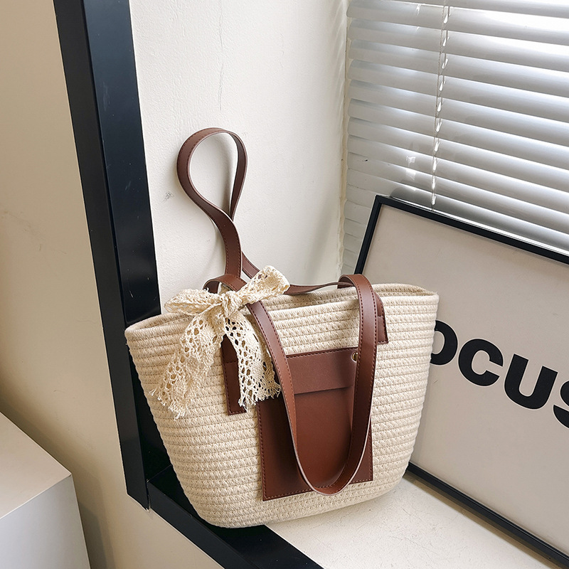 Damen Sommer Strohtasche Mit Farbblock Modische Umhängetasche_voghion.com