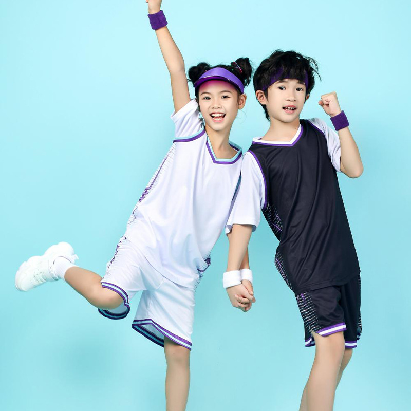 Children's Basketball Uniform Suit, Boy's Fake Two-Piece Basketball Uniform, Girl's Skipping Rope, Student Short-Sleeved Sports Uniform with Printed Number