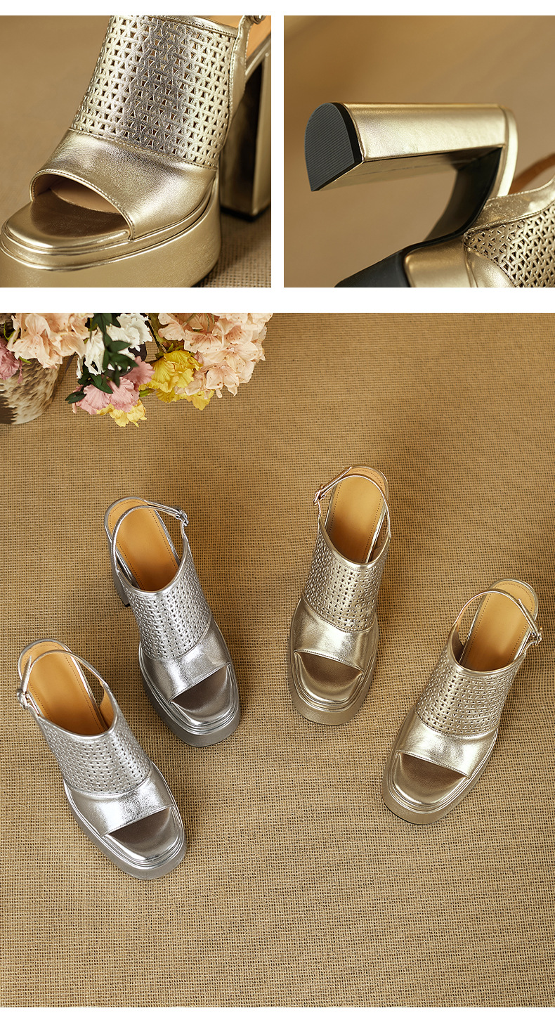 Sandal cao gót nữ da thật gót vuông đế rỗng hở mũi quai ngang — Màu đỏ rượu chi tiết 10