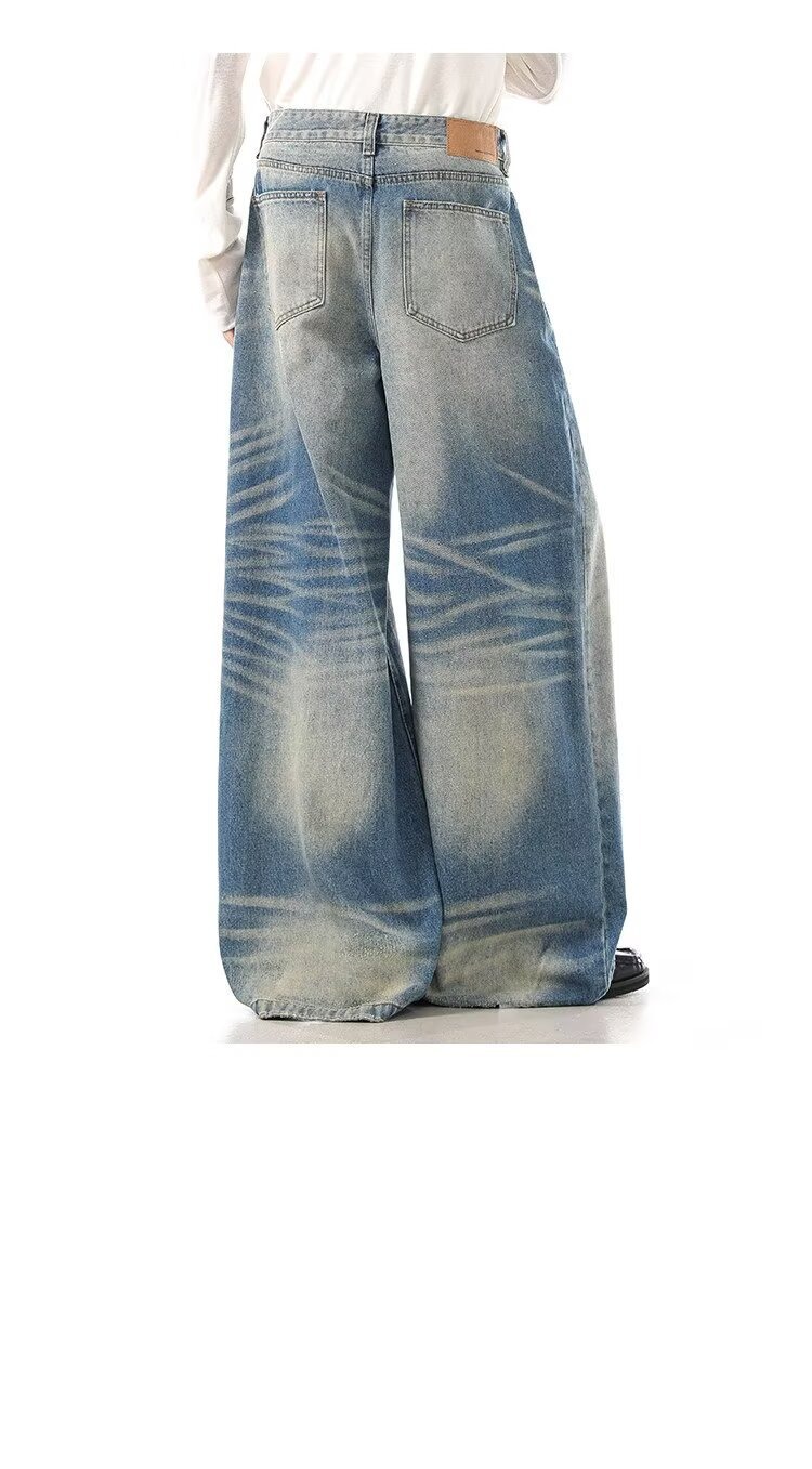 High Waist Wide-Leg Vintage Washed Jeans Cat Whisker Distressing Classic Blue S-3XL Men's Clothing Denim Trousers_mkmklike.com