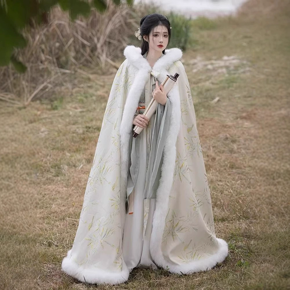 Hanfu женский плащ плащ зимний длинный платок пальто толстый плащ плащ с капюшоном 24 новый плащ