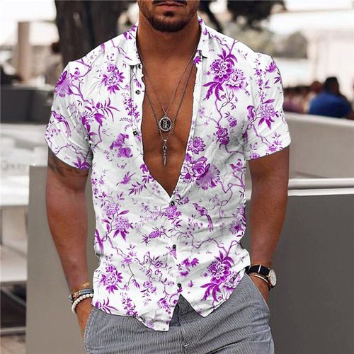 Men's Green Blue Light Purple Purple 3D Printed Outdoor Street Short Sleeve Button Fashion Clothing