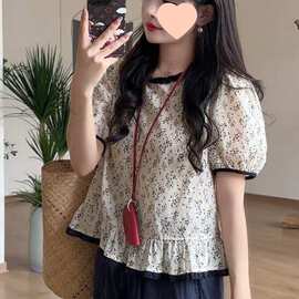 韩系撞色娃娃衫复古小碎花短袖衬衣女夏新款泡泡袖百搭显瘦上衣