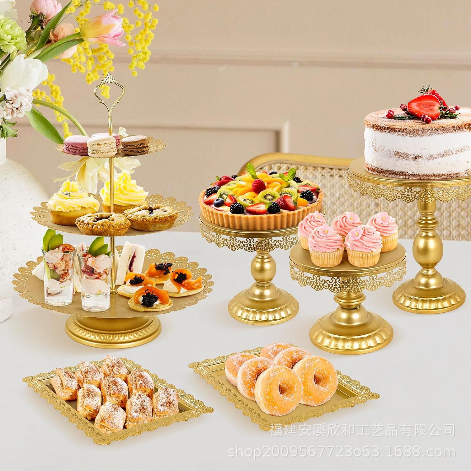 Estante de pastel europeo de hierro forjado conjunto de decoración de boda postres tienda de bocadillos estante de baile prop bandeja de pastel