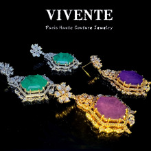 高定5A碧玺彩锆 印巴跨境热销高端满钻铜镀真金高包色走秀款耳饰