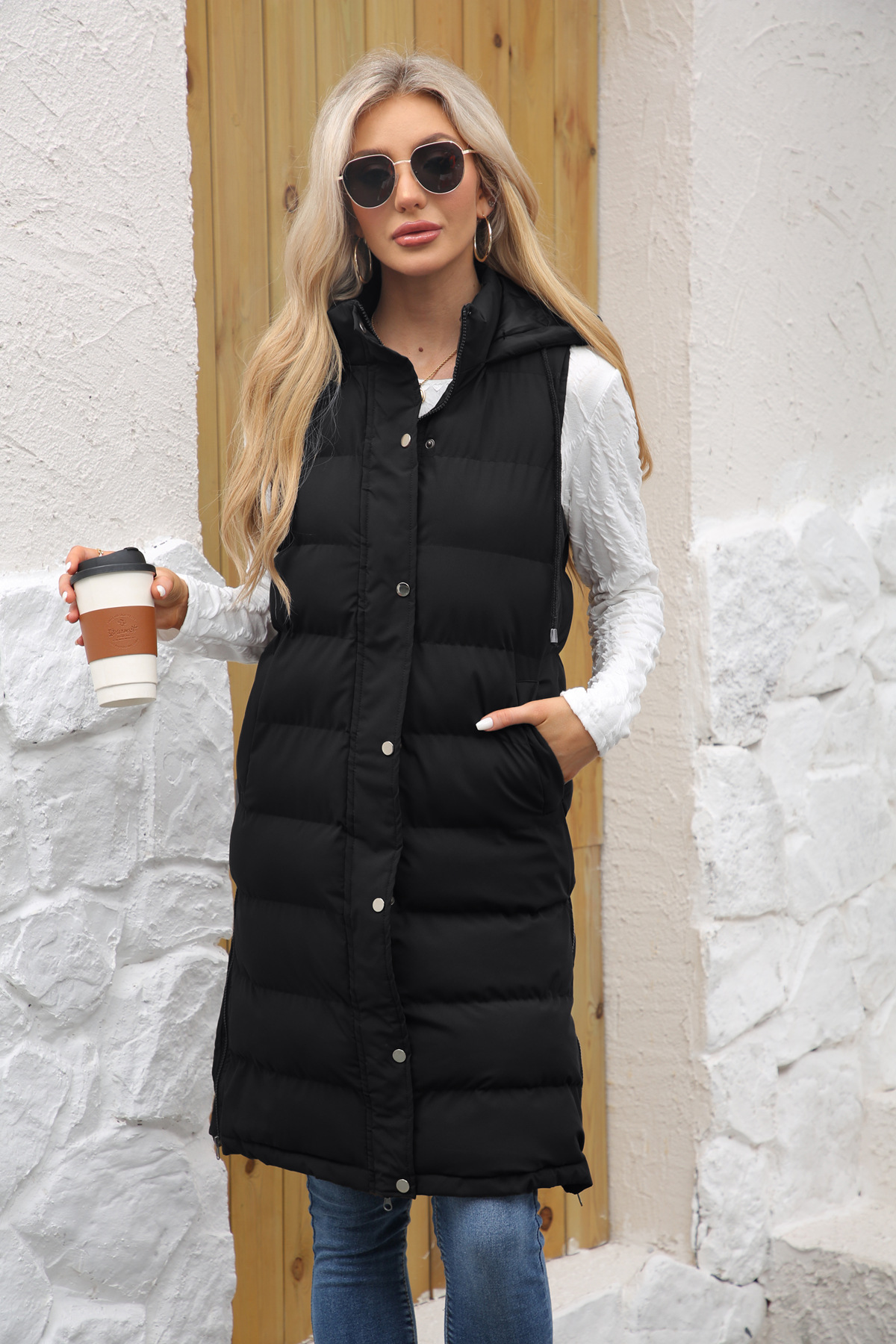 Women's Long Sleeveless Hooded Vest With Zip Front, Quilted Padded Jacket For Winter, Casual Outerwear In Solid Colors_voghion.com