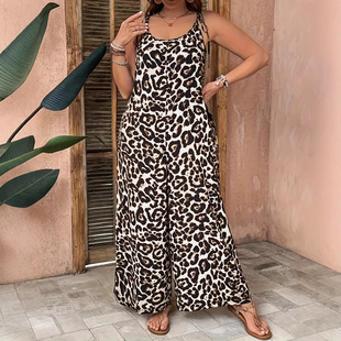 2025 European and American Cross-Border Summer New Leopard Print Strapless Sleeveless Long Dress High-Waisted Casual Fashion Retro Dress