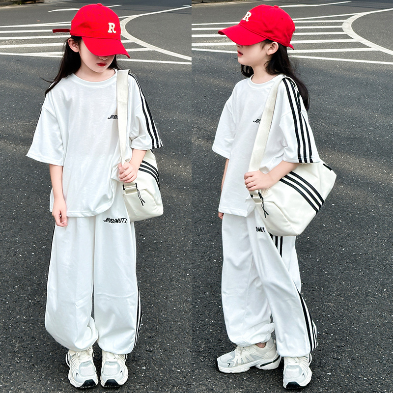 女童夏装运动套装2025新款女孩中大童宽松半袖休闲白色潮牌两件套