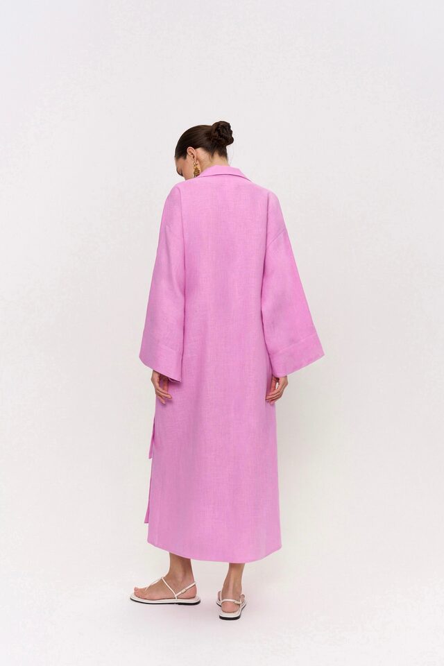Đầm dài nữ chất liệu cotton lanh, cổ chữ V ve áo, tay dài, dáng rộng thắt dây — Xanh trái cây, Đỏ tươi chi tiết 60