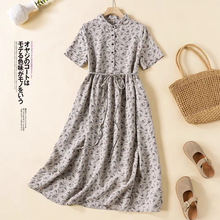 2025夏季碎花汉麻连衣裙中长款短袖圆领显瘦裙人造滩裙大摆裙文艺