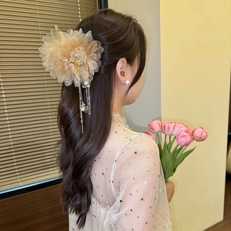 仙气云朵泡泡抓夹气质高级感网纱盘发鲨鱼夹羽毛蓬松后脑勺头花女|undefined