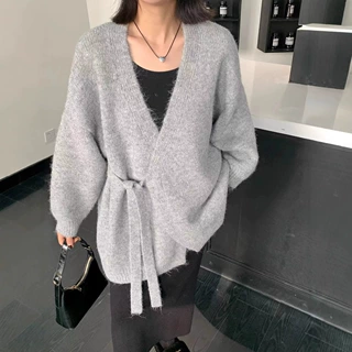 灰色道袍毛衣开衫外套男女秋季不规则慵懒松弛感老钱风穿搭针织衫