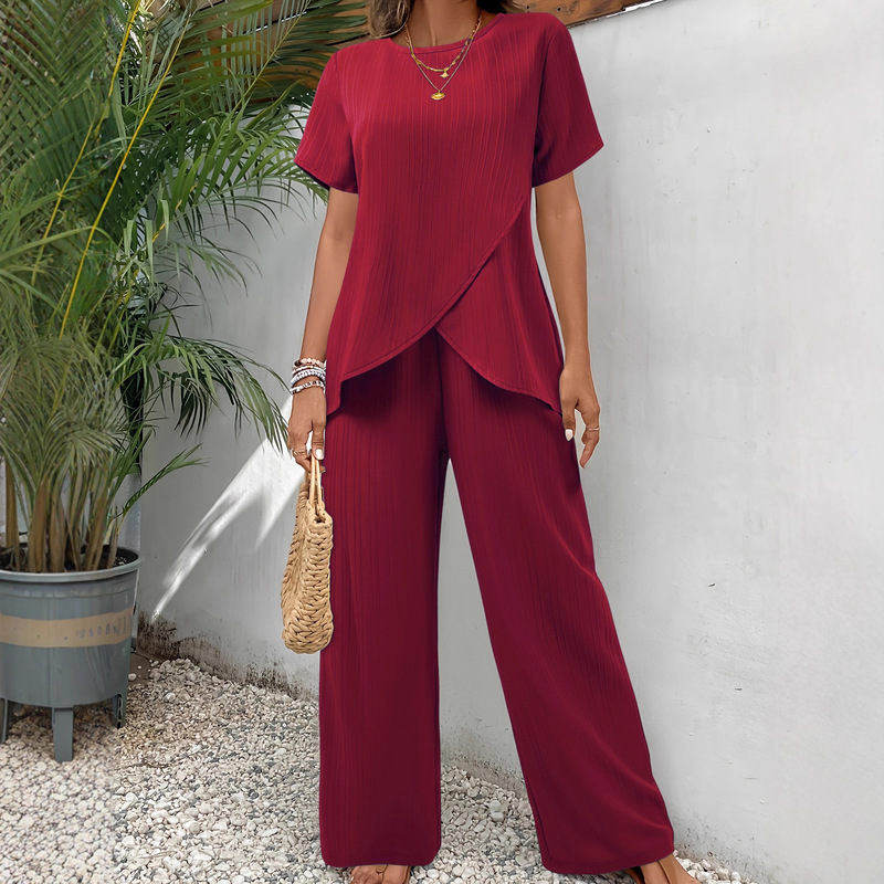 Cross-Border 2026 European and American New Women's Fashion Casual Cross-Over Plus-Size Irregular Summer Set Wide-Leg Pants Set Cross-Border 2026 European and American New Women's Fashion Casual Cross-Over Plus-Size Irregular Summer Set Wide-Leg Pants Set