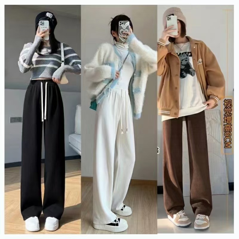 2024 Spring and Summer Corduroy Loose Casual Floor-Mopping Drape Easiest for Match Loose Korean Style Slim Drawstring Wide Leg Pants Women's Style