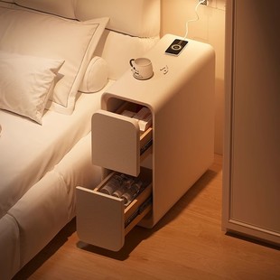 Cream Style Bedside Table Bedroom Small Ultra-Narrow Gap Bedside Table Installation-Free Side Table Storage Cabinet Double Drawer