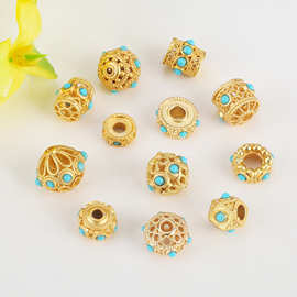 古法金珠子镶嵌緑松石隔珠diy配饰手链项链散珠串珠饰品配件材料